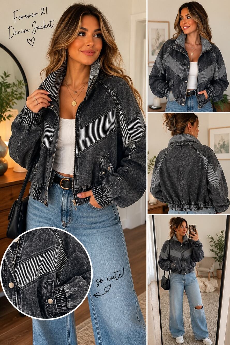 Forever 21 VTG Wash Denim Bomber Jacket M Acid Wash Cropped Retro 80s 90s Style
